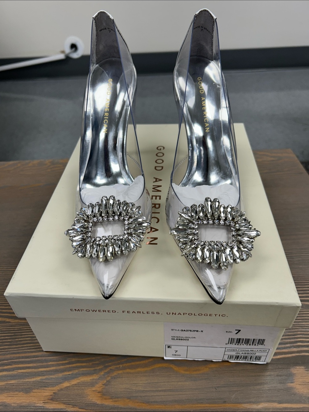 Good American Silver Pointed Toe Crystal Buckle Pumps